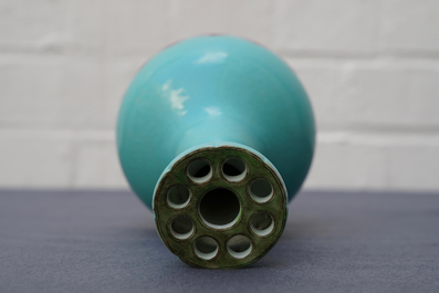 A Chinese famille rose turquoise ground lotus flower-shaped vase, 19/20th C.